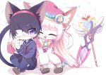  2girls ^_^ animal_ears bangs black_hair blunt_bangs blush cat_busters cat_ears cat_tail closed_eyes closed_mouth commentary_request dress eyepatch furry hairband jewelry kirahoshi_(cat_busters) long_hair long_sleeves multiple_girls myaruru_(cat_busters) necklace open_mouth pink_dress pink_headwear pleated_skirt purple_eyes sailor_collar school_uniform scissors serafuku shoes short_hair short_sleeves simple_background skirt slit_pupils smile snout staff syuya tail white_background white_hair 
