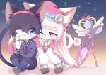  2girls ^_^ animal_ears bangs black_hair blunt_bangs blush cat_busters cat_ears cat_tail closed_eyes closed_mouth commentary_request dress eyepatch furry hairband heart jewelry kirahoshi_(cat_busters) long_hair long_sleeves multiple_girls myaruru_(cat_busters) necklace open_mouth parted_lips pink_dress pink_eyes pink_headwear pleated_skirt purple_eyes sailor_collar school_uniform scissors serafuku shoes short_hair short_sleeves simple_background skirt slit_pupils smile snout staff syuya tail thought_bubble white_background white_hair yuri 