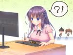  !? 1boy 2girls a.x. ahoge bangs black_ribbon blush blush_stickers breast_rest breasts brown_eyes brown_hair chibi covered_nipples desk drawing_tablet eyebrows_visible_through_hair frilled_sleeves frills hair_ornament highres holding holding_stylus inconvenient_breasts keyboard_(computer) large_breasts long_hair mo_xiaoju monitor multiple_girls nose_blush pink_shirt purple_eyes ribbon shaded_face shirt short_sleeves solo_focus stylus sweatdrop tricolour_lovestory twintails very_long_hair wen_zhi 