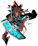  1boy atem bare_shoulders black_jacket blonde_hair card chain duel_disk electricity jacket jacket_on_shoulders kokusoji looking_to_the_side male_focus medium_hair multicolored_hair open_clothes open_jacket red_eyes sleeveless solo spiked_hair upper_body white_background yami_yuugi yuu-gi-ou yuu-gi-ou_duel_monsters yuu-gi-ou_r 