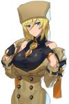  1girl ashiomi_masato bare_shoulders black_gloves black_shirt blonde_hair blue_eyes brown_coat coat covered_navel eyebrows_visible_through_hair eyes_visible_through_hair fingerless_gloves fur_hat gloves groin guilty_gear guilty_gear_strive hat millia_rage open_clothes open_coat shirt simple_background sleeveless sleeveless_shirt solo ushanka white_background 