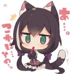  1girl @_@ animal_ear_fluff animal_ears bangs big_head black_hair black_legwear blue_sleeves bow cat_ears cat_girl cat_tail chibi commentary_request detached_sleeves eyebrows_visible_through_hair frilled_skirt frills full_body green_eyes grey_hair hair_between_eyes hair_bow highres karyl_(princess_connect!) long_hair long_sleeves low_twintails multicolored_hair muuran pantyhose princess_connect! purple_bow purple_skirt seiza signature simple_background sitting skirt sleeves_past_wrists solo streaked_hair tail translation_request twintails very_long_hair white_background wide_sleeves 