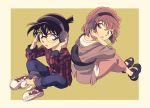  1boy 1girl :o adjusting_headwear bag bangs black_hair blue_eyes brown_hair child edogawa_conan glasses haibara_ai head_tilt headphones headset holding holding_bag hood hood_down hoodie i_fzc1 long_sleeves looking_at_viewer meitantei_conan open_mouth orange_hair pants pants_rolled_up shirt shoes short_hair sleeves_rolled_up white_shirt 