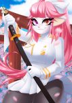 5_fingers anthro big_breasts breasts cherry_blossom clothing dannyckoo female fingers hair heterochromia hi_res mammal melee_weapon orange_eyes outside pink_hair plant purple_eyes signature smile solo sword teeth tresertf weapon 