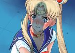  1girl bang-you bangs bishoujo_senshi_sailor_moon blonde_hair blue_eyes blue_sailor_collar bow bowtie breasts choker cleavage crescent crescent_earrings derivative_work earrings from_side hair_ornament heart heart_choker highres jewelry parted_bangs parted_lips penis_shadow red_choker red_neckwear sailor_collar sailor_moon sailor_moon_redraw_challenge school_uniform screencap_redraw serafuku solo sweatdrop tiara tsukino_usagi twintails upper_body 