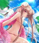  1girl azur_lane bangs bare_arms bare_shoulders bikini bird blue_bikini blue_sky blurry blush braid breasts brown_hair closed_mouth cloud day depth_of_field double_bun dutch_angle eyebrows_visible_through_hair formidable_(azur_lane) formidable_(the_lady_of_the_beach)_(azur_lane) from_side large_breasts light_rays long_hair looking_at_viewer looking_to_the_side ocean outdoors palm_tree red_eyes sakura_(ichisakupink) sitting sky solo sun sunbeam sunlight sweat swimsuit tree twin_braids underboob very_long_hair 