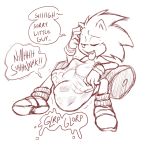  anthro belly big_belly cownugget digestion duo english_text eulipotyphlan hedgehog male male_pred mammal miles_prower monochrome sitting sonic_the_hedgehog sonic_the_hedgehog_(series) speech_bubble text tongue tongue_out vore 