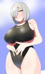  1girl black_swimsuit blue_sky breasts closed_eyes commentary_request competition_swimsuit from_below hair_ornament hair_over_one_eye hairclip hamakaze_(kantai_collection) hauto-san highres huge_breasts kantai_collection one-piece_swimsuit short_hair silver_hair sky smile solo swimsuit wet wet_clothes wet_swimsuit 