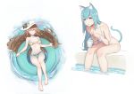  2girls ;) animal_ears bangs barefoot bikini blue_eyes blue_hair braid breasts brown_bikini brown_eyes brown_hair cat_ears cat_girl character_request cup eyebrows_visible_through_hair floating flower frilled_bikini frills hat hat_flower highres holding holding_cup innertube jiliang_jiying_yumao leaning_forward long_hair looking_at_viewer lying medium_breasts multiple_girls navel on_back one_eye_closed shaved_ice side_braid sitting smile spoon stomach sun_hat swimsuit very_long_hair virtuareal wading water white_bikini white_headwear 