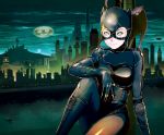  1girl animal_ears batman_(series) blonde_hair blue_eyes bodysuit breasts cat cat_ears catsuit catwoman city closed_mouth fake_animal_ears gloves looking_at_viewer mask skin_tight smile solo takemaru08 