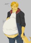  allietheweirdkid anthro bottomwear canid canine canis clothing hand_on_stomach jacket male male_pregnancy mammal pants pregnant shirt solo standing topwear wolf 