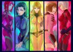  5girls alien blonde_hair bodysuit breasts brown_eyes character_request closed_mouth glasses harada_makoto long_hair looking_at_viewer mai_(b9035796) melda_deitz military military_uniform mori_yuki multiple_girls niimi_kaoru pink_bodysuit skin_tight smile uchuu_senkan_yamato uchuu_senkan_yamato_2199 uchuu_senkan_yamato_2202:_ai_no_senshi-tachi uniform yellow_bodysuit 