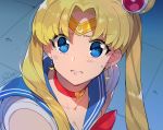  1girl artist_name bishoujo_senshi_sailor_moon blonde_hair blue_eyes blue_sailor_collar breasts choker cleavage collarbone crescent crescent_earrings derivative_work earrings eyebrows_visible_through_hair eyes_visible_through_hair heart highres jewelry red_choker redrop sailor_collar sailor_moon sailor_moon_redraw_challenge sailor_senshi sailor_senshi_uniform screencap_redraw solo symbol_commentary tiara tsukino_usagi twintails upper_body 