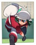  1girl backpack bag baseball baseball_mitt black_gloves black_hair black_legwear blue_eyes commentary gloves grass hair_between_eyes hat hat_feather helmet highres kaban_(kemono_friends) kazue_nishiki kemono_friends pantyhose pith_helmet red_shirt shirt short_hair shorts solo wavy_hair 