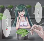  1girl :d ^_^ ahoge apron bangs bare_arms bare_shoulders blurry blurry_background blush breasts cleavage closed_eyes collarbone commentary_request depth_of_field eyebrows_visible_through_hair facing_viewer frilled_apron frills green_hairband hair_between_eyes hairband holding holding_spoon indoors medium_breasts naked_apron open_mouth out_of_frame pov ryogo smile solo_focus spoon sweat tile_wall tiles touhoku_zunko translated voiceroid white_apron 