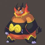  1:1 anthro belly biped emboar fur kemono kui mammal nintendo orange_body orange_fur overweight pok&eacute;mon pok&eacute;mon_(species) simple_background solo tusks video_games 