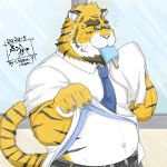  1:1 2020 anthro belly blush bottomwear clothed clothing eyewear felid fur glasses hi_res humanoid_hands kemono male mammal navel necktie open_shirt overweight overweight_male pantherine pants shirt solo tanutronik753_k tiger topwear white_body white_fur yellow_body yellow_fur 