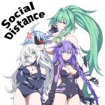  4girls ahoge angry black_heart braid breast_envy breasts coronavirus_pandemic gloves green_hair green_heart height_difference highres leotard light_blue_hair long_hair looking_at_another looking_at_viewer medium_breasts multiple_girls neptune_(series) ponytail power_symbol purple_eyes purple_hair purple_heart red_eyes short_hair_with_long_locks simple_background symbol-shaped_pupils thighs twin_braids up_(mmmmmmmmss) very_long_hair white_background white_hair white_heart 