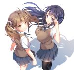  2girls ahoge bangs black_legwear blue_eyes blue_ribbon blue_skirt breasts brown_eyes brown_hair brown_vest dress_shirt eyebrows_visible_through_hair hair_ornament hairpin jiayu_long large_breasts long_hair looking_at_viewer looking_back miniskirt mo_xiaoju multiple_girls pleated_skirt purple_hair ribbon school_uniform shirt short_sleeves skirt smile thighhighs tricolour_lovestory twintails vest wen_zhi white_shirt wind zettai_ryouiki 