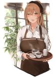  1girl :d apron black_nails blush breasts brown_apron brown_hair coffee collared_shirt commentary_request cup girls_frontline green_eyes hair_between_eyes hair_ornament highres holding holding_tray indoors large_breasts long_hair looking_at_viewer m1903_springfield_(girls_frontline) open_mouth plant ponytail shirt smile solo spoon steam syotastar tray white_shirt window wing_collar 