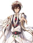  1boy bangs brown_hair code_geass hair_between_eyes highres kubird_meme lelouch_lamperouge long_sleeves looking_at_viewer male_focus outstretched_arm parted_lips purple_eyes short_hair simple_background solo standing white_background 