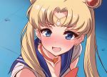  1girl :d bangs bishoujo_senshi_sailor_moon blonde_hair blue_eyes blue_sailor_collar blush bow bowtie breasts choker cleavage crescent crescent_earrings derivative_work ear_piercing earrings from_side hair_ornament heart heart-shaped_pupils heart_choker highres jewelry kihou_no_gotoku_dmc nose_blush open_mouth parted_bangs piercing red_choker red_neckwear sailor_collar sailor_moon sailor_moon_redraw_challenge school_uniform screencap_redraw serafuku smile solo sweatdrop symbol-shaped_pupils tiara tsukino_usagi twintails upper_body 