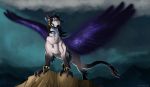  black_hair claws cosmic_wings day detailed_background dragon feathered_wings feathers feral fur furred_dragon hair hi_res horn male natsuakai outside sky solo wings 