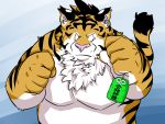  2010 4:3 anthro belly felid fur humanoid_hands kemono male mammal overweight overweight_male pantherine pink_nose simple_background sippo solo tiger white_body white_fur 