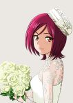  1girl bakusai bangs bouquet closed_mouth dress flower from_side futari_wa_precure_splash_star hat holding holding_bouquet kiryuu_michiru looking_at_viewer orange_eyes parted_bangs precure red_hair rose shiny shiny_hair short_hair simple_background smile solo upper_body wedding_dress white_background white_dress white_flower white_headwear white_rose 