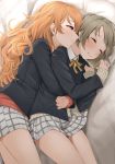  2girls absurdres bed blush brown_hair cardigan closed_eyes closed_mouth highres hug hug_from_behind kitaku_jikan_(ktk_jkn) konoe_kanata light_smile long_hair long_sleeves love_live! lying miniskirt multiple_girls nakasu_kasumi on_bed on_side orange_hair pleated_skirt purple_eyes ribbon school_uniform serafuku short_hair skirt sleeves_past_wrists spooning yellow_ribbon yuri 