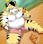  2020 absurd_res belly clothing eating felid food hi_res kemono male mammal moobs moonwhitetiger navel nipples overweight overweight_male pantherine phone pink_nose sitting tiger tongue tongue_out underwear 