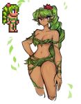  1girl :/ absurdres bare_shoulders breasts collarbone commentary cowboy_shot cropped_legs dark_skin dryad dryad_(terraria) english_commentary eyebrows_visible_through_hair flower frown green_hair hair_flower hair_ornament hand_on_hip highres long_hair looking_at_viewer matilda_fiship medium_breasts navel pixel_art plant pointy_ears ponytail purple_eyes simple_background solo terraria v-shaped_eyebrows very_long_hair vines white_background 