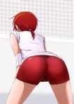  1girl bakusai bent_over cameltoe cowboy_shot from_behind hino_akane_(smile_precure!) precure red_hair red_shorts shiny shiny_hair shirt short_hair short_ponytail short_shorts shorts sleeves_rolled_up smile_precure! solo white_shirt 