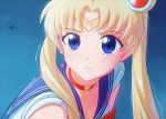  1girl bangs bare_shoulders bishoujo_senshi_sailor_moon blonde_hair blue_eyes blue_sailor_collar blush breasts choker circlet cleavage collarbone commentary_request crescent crescent_earrings earrings eyebrows_visible_through_hair from_side hair_bobbles hair_ornament heart heart_choker highres jewelry long_hair looking_at_viewer looking_to_the_side nicca_(kid_nicca) parted_bangs parted_lips red_choker sailor_collar sailor_moon sailor_moon_redraw_challenge solo tile_floor tiles tsukino_usagi twintails upper_body v-shaped_eyebrows 