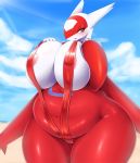  2020 anthro anthrofied areola belly big_breasts bikini breast_grab breast_squeeze breasts camel_toe clothing curvy_figure detailed_background female front_view hand_on_breast huge_breasts latias legendary_pok&eacute;mon mleonheart navel nintendo overweight overweight_female pok&eacute;mon pok&eacute;mon_(species) slightly_chubby sling_bikini smile solo swimwear thick_thighs video_games voluptuous 