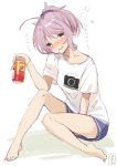 1girl aoba_(kantai_collection) barefoot beer_can blue_eyes blue_shorts can casual commentary_request drunk full_body kantai_collection looking_at_viewer ponytail purple_hair scrunchie shirt shorts simple_background sitting solo t-shirt translation_request white_background white_shirt yamashiki_(orca_buteo) 