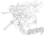  1boy 2girls :d :o absurdres copyright_name creature dress feena_(grandia) fingerless_gloves floating_hair friends full_body gloves grandia grandia_i hair_ornament hat highres holding holding_sword holding_weapon index_finger_raised jumping justin_(grandia) kurita_shin&#039;ichi lineart long_hair low-tied_long_hair monochrome multiple_girls open_mouth outstretched_arm puui_(grandia) simple_background smile sue_(grandia) sword teeth thighhighs torn_clothes torn_legwear weapon white_background 