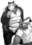  2010 anthro belly bottomwear bulge clothing duo felid humanoid_hands kemono male male/male mammal monochrome overweight overweight_male pantherine pants shirt simple_background sippo tiger topwear underwear white_background 