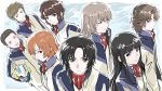  3girls 5boys :d bangs black_hair blunt_bangs brown_eyes brown_hair eyebrows_visible_through_hair grey_eyes hazama_shouko helmet holding holding_helmet jacket kamemushi_(hoozuki) kaname_sakura kodate_mamoru kondou_kenji long_hair long_sleeves looking_at_viewer makabe_kazuki medium_hair minashiro_soushi multiple_boys multiple_girls open_mouth orange_hair parted_bangs scar scar_across_eye shiny shiny_hair short_hair smile soukyuu_no_fafner toomi_maya uniform 