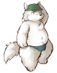  2010 anthro belly bulge canid canine canis clothing fur hat headgear headwear kui male mammal navel overweight overweight_male simple_background solo underwear white_background white_body white_fur wolf 