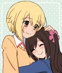  2girls blonde_hair bokota_(bokobokota) brown_eyes brown_hair closed_eyes eyebrows_visible_through_hair eyes_visible_through_hair fang hair_ornament hair_scrunchie hitori_bocchi hitoribocchi_no_marumaru_seikatsu hug multiple_girls one_side_up polka_dot polka_dot_background scrunchie smile sunao_nako 