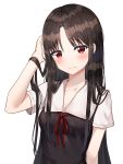  1girl absurdres alternate_hair_length alternate_hairstyle black_dress blush brown_hair closed_mouth collarbone dress eyebrows_visible_through_hair hair_down highres kaguya-sama_wa_kokurasetai_~tensai-tachi_no_renai_zunousen~ long_hair looking_at_viewer red_eyes red_neckwear red_ribbon ribbon school_uniform shinomiya_kaguya short_sleeves simple_background solo surrender white_background 