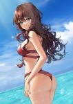  1girl absurdres armpits ass bare_arms bare_shoulders bikini blue_eyes breasts brown_hair closed_mouth cloud cowboy_shot day from_behind highres horizon ichinose_shiki idolmaster idolmaster_cinderella_girls long_hair looking_at_viewer looking_back medium_breasts ocean outdoors red_bikini sky solo standing sunlight swimsuit water wavy_hair wet xi_xeong 
