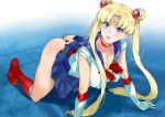  1girl all_fours azukiko bishoujo_senshi_sailor_moon blonde_hair blue_eyes blue_sailor_collar blue_skirt boots breasts choker cleavage collarbone crescent crescent_earrings derivative_work diadem double_bun earrings full_body gloves heart heart_choker jewelry large_breasts panties red_choker red_footwear red_panties sailor_collar sailor_moon sailor_moon_redraw_challenge sailor_senshi sailor_senshi_uniform screencap_redraw skirt solo tsukino_usagi twintails underwear white_gloves 