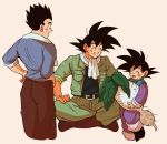  3boys :d ^_^ backlighting beige_background belt black_eyes black_hair black_shirt blue_shirt boots brothers brown_footwear brown_pants chinese_clothes clenched_teeth closed_eyes commentary_request cropped_legs dirty dirty_clothes dirty_face dragon_ball dragon_ball_super dragon_ball_z father_and_son fingernails food full_body grin hands_on_hips hands_on_own_knees happy holding holding_food holding_vegetable indian_style jacket long_sleeves looking_at_another male_focus mamefuku_(mamedehuku) multiple_boys open_clothes open_jacket open_mouth pants profile shaded_face shirt siblings simple_background sitting sleeves_rolled_up smile son_gohan son_gokuu son_goten spiked_hair standing sweat teeth towel towel_around_neck turnip vegetable white_neckwear 
