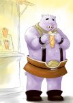  2010 anthro belly blush build_tiger eating food fur humanoid_hands male mammal manya overweight overweight_male purple_body purple_fur solo suid suina sus_(pig) wild_boar 