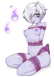  1girl @_@ bound breasts caleana commentary english_commentary eyebrows_visible_through_hair food full_body ghost green_eyes grey_hair hair_over_one_eye heart highres hitodama medium_breasts mouth_hold navel nipples nude original pocky pointy_ears purple_ribbon purple_skin ribbon short_hair simple_background sitting smile solo transparent white_background 