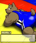  2016 anthro blush brown_body brown_fur butt canid canine canis domestic_dog fur hasukichi japanese_text kemono male mammal overweight overweight_male solo text wrestling 