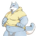  1:1 2008 anthro belly blue_body blue_fur canid canine canis clothing fur hoodie humanoid_hands kemono male mammal navel overweight overweight_male simple_background solo topwear white_background wolf yuzpoco 