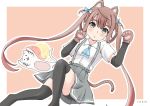  1girl 1other animal_ears arm_warmers artist_name asagumo_(kantai_collection) ascot batsubyou bike_shorts black_legwear black_shorts blue_neckwear border brown_hair cat cat_ears cat_tail commentary_request dated feet_out_of_frame gloves grey_skirt hair_ribbon kantai_collection long_hair looking_at_viewer nessui orange_background paw_gloves paws pleated_skirt ribbon shirt shorts shorts_under_skirt silver_eyes skirt suspender_skirt suspenders tail thighhighs twintails two-tone_background white_border white_shirt 